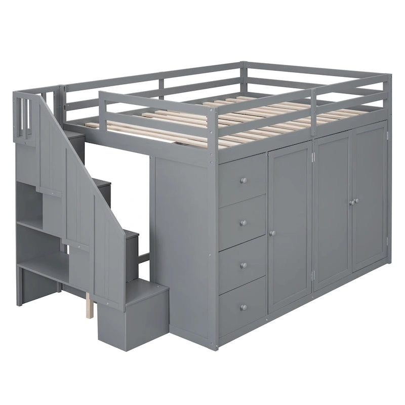 Lit mezzanine en bois pleine grandeur avec armoires, meubles de rangement et tiroirs intégrés
