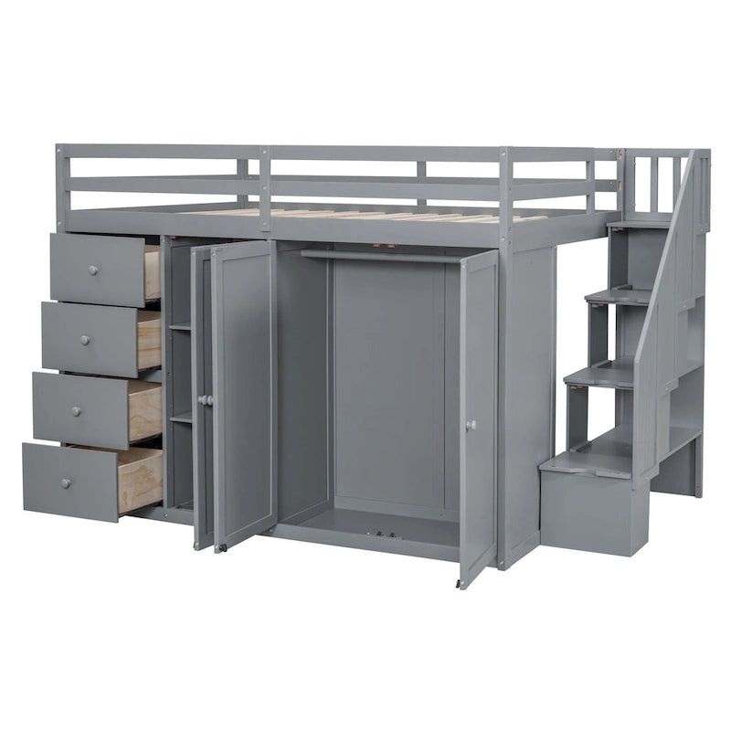 Lit mezzanine en bois pleine grandeur avec armoires, meubles de rangement et tiroirs intégrés