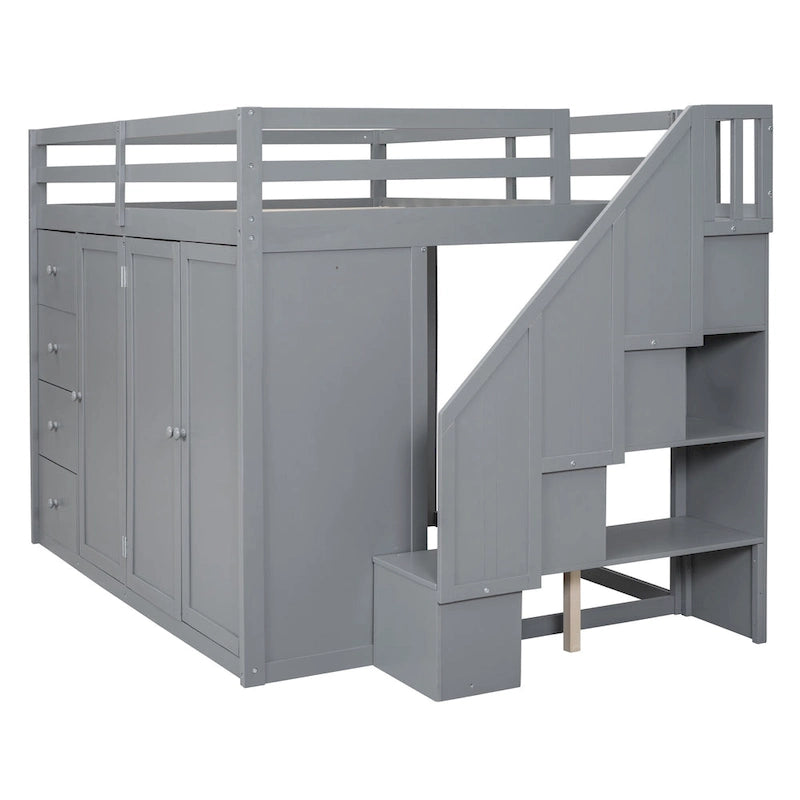 Lit mezzanine en bois pleine grandeur avec armoires, meubles de rangement et tiroirs intégrés