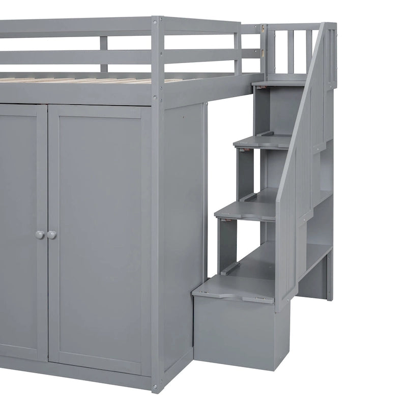Lit mezzanine en bois pleine grandeur avec armoires, meubles de rangement et tiroirs intégrés