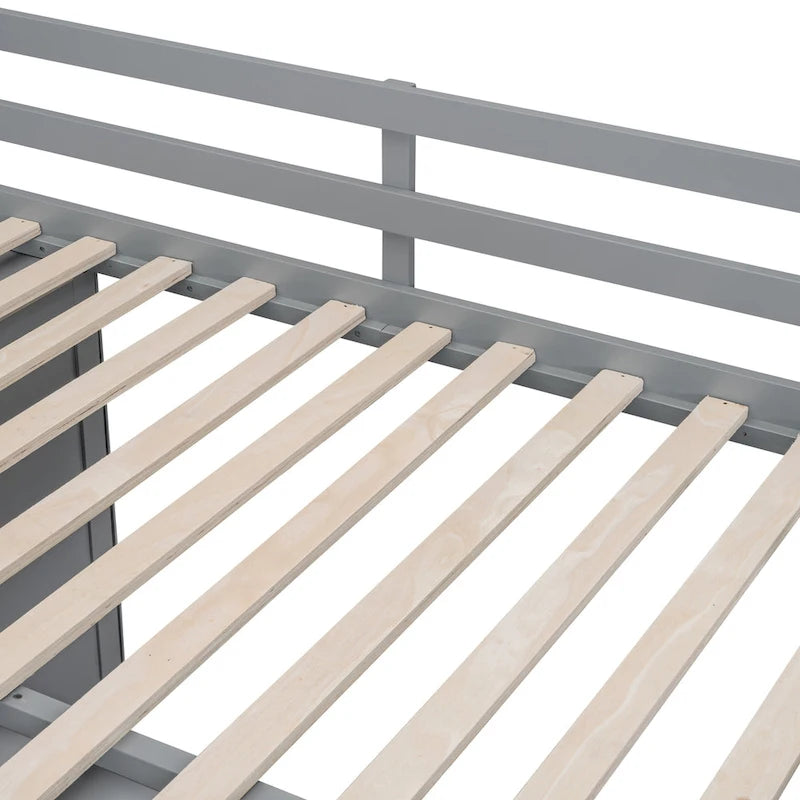 Lit mezzanine en bois pleine grandeur avec armoires, meubles de rangement et tiroirs intégrés