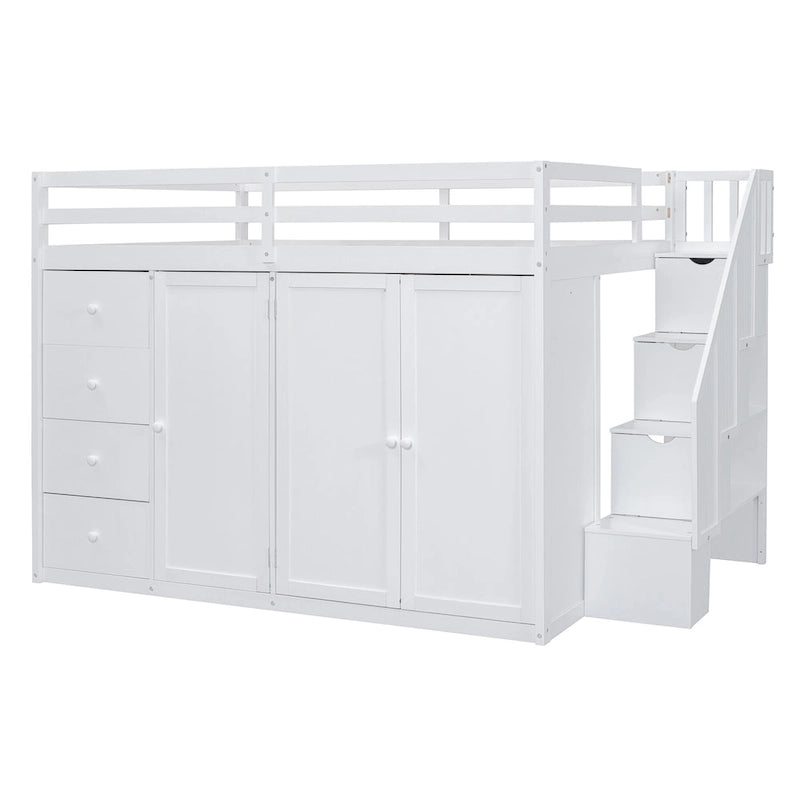 Lit mezzanine en bois pleine grandeur avec armoires, meubles de rangement et tiroirs intégrés