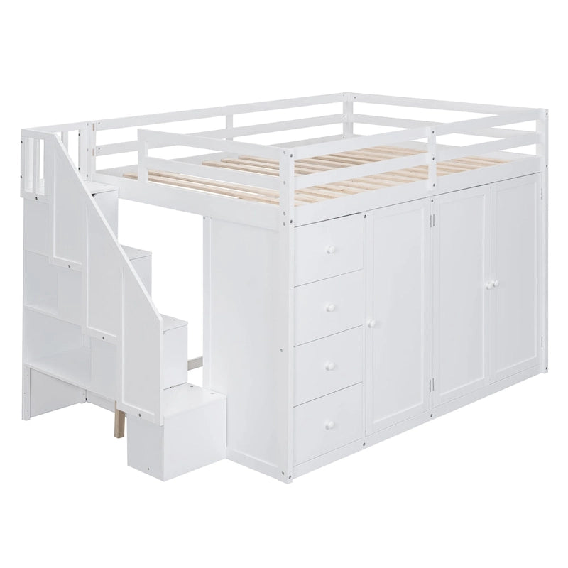 Lit mezzanine en bois pleine grandeur avec armoires, meubles de rangement et tiroirs intégrés