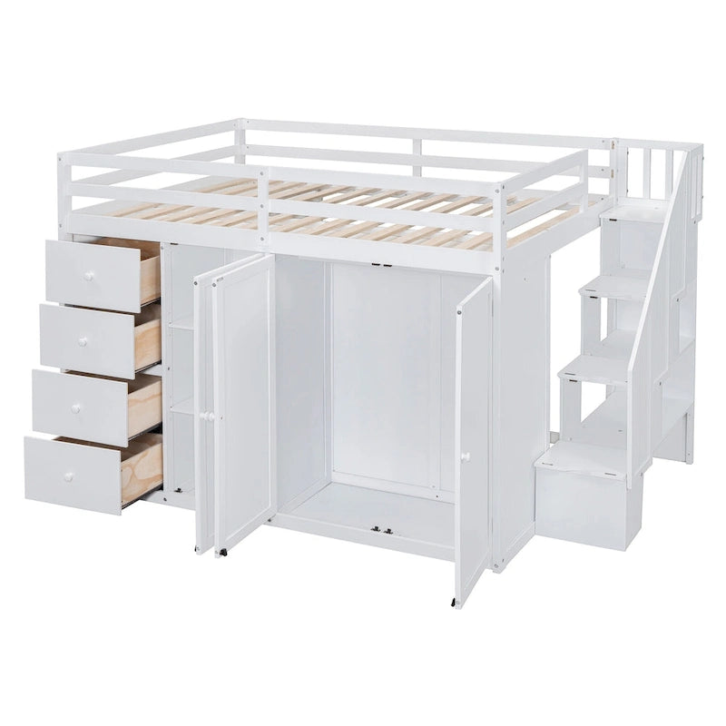 Lit mezzanine en bois pleine grandeur avec armoires, meubles de rangement et tiroirs intégrés