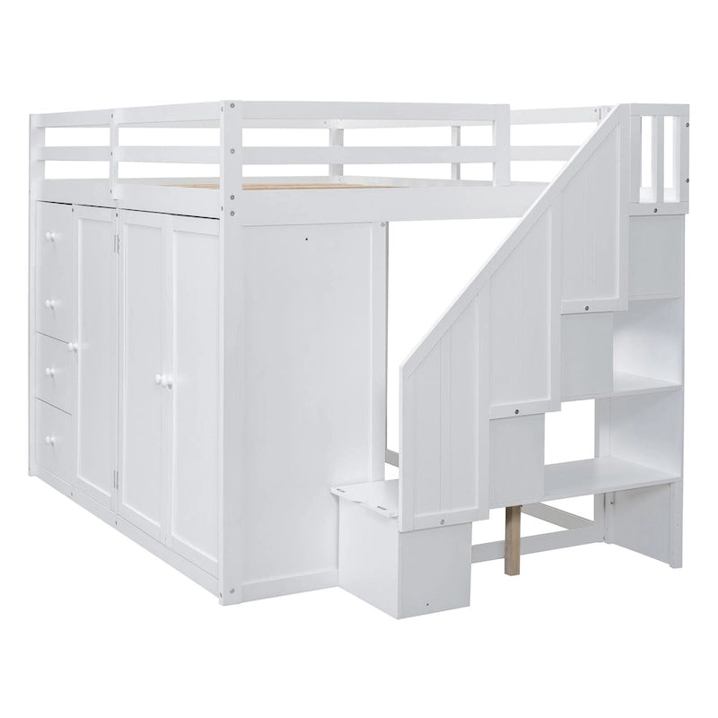 Lit mezzanine en bois pleine grandeur avec armoires, meubles de rangement et tiroirs intégrés