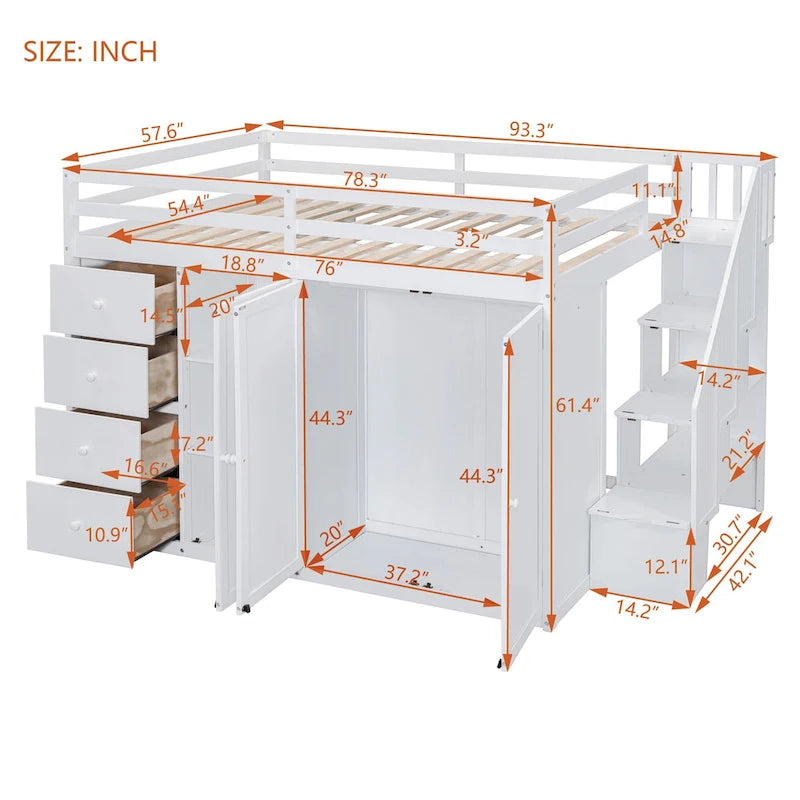 Lit mezzanine en bois pleine grandeur avec armoires, meubles de rangement et tiroirs intégrés