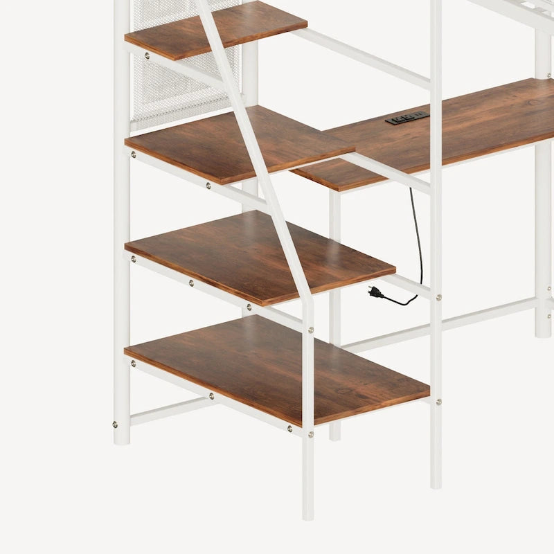 Lit mezzanine en métal de taille double avec bureau, rangement et lumières LED, Noir