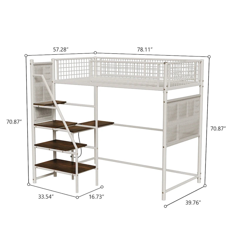 Lit mezzanine en métal de taille double avec bureau, rangement et lumières LED, Noir