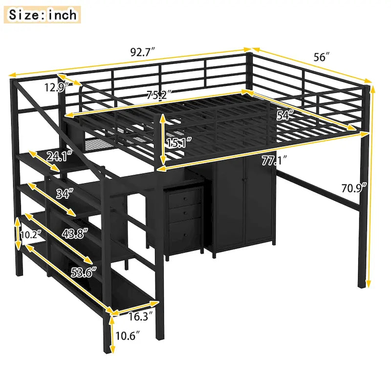 Lit mezzanine en métal avec bureau et armoire