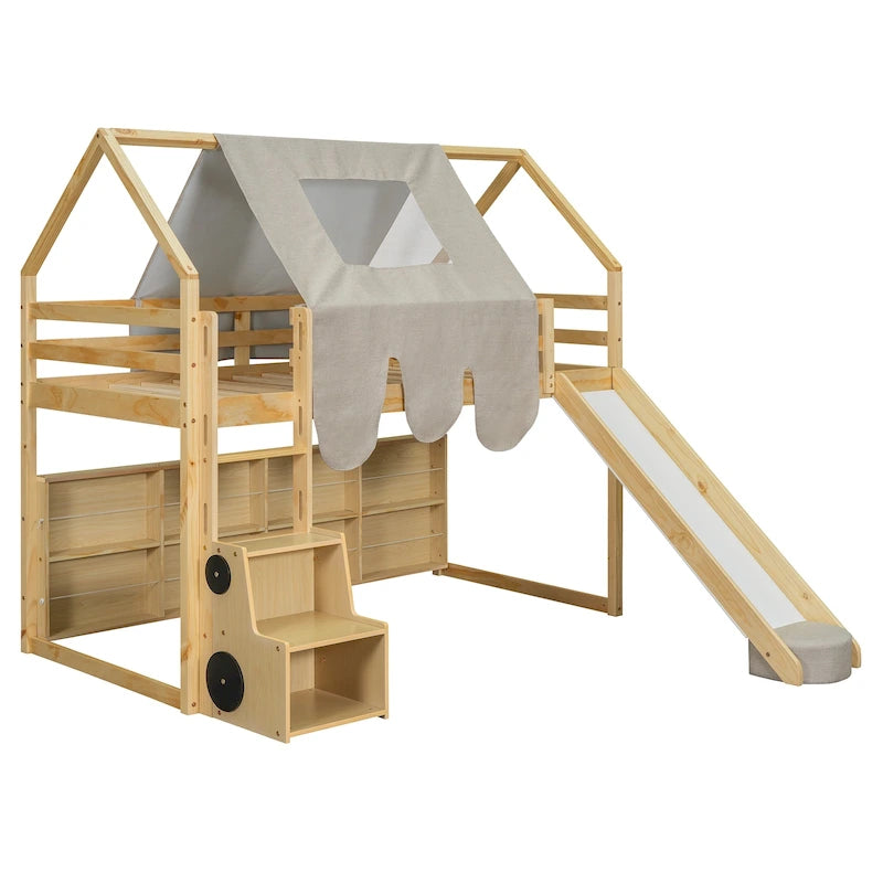 Lit mezzanine en bois, format jumeau, avec cadre en forme de maisonnette et tente