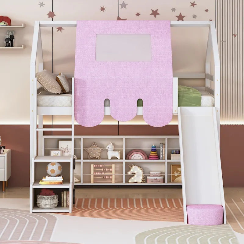 Lit mezzanine en bois, format jumeau, avec cadre en forme de maisonnette et tente