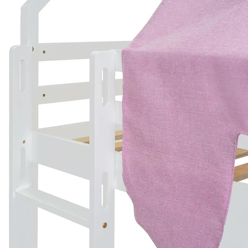 Lit mezzanine en bois, format jumeau, avec cadre en forme de maisonnette et tente