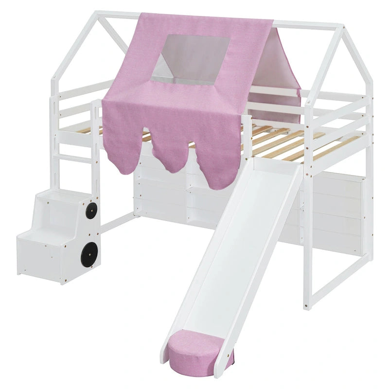 Lit mezzanine en bois, format jumeau, avec cadre en forme de maisonnette et tente