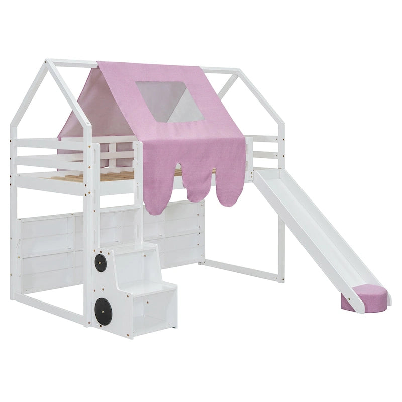 Lit mezzanine en bois, format jumeau, avec cadre en forme de maisonnette et tente