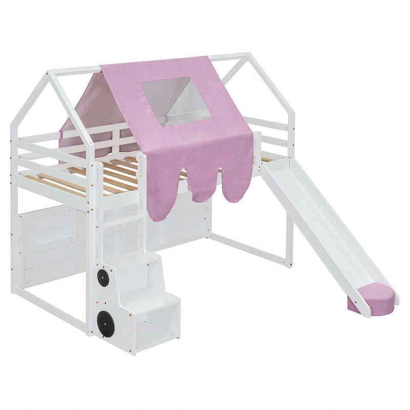 Lit mezzanine en bois, format jumeau, avec cadre en forme de maisonnette et tente