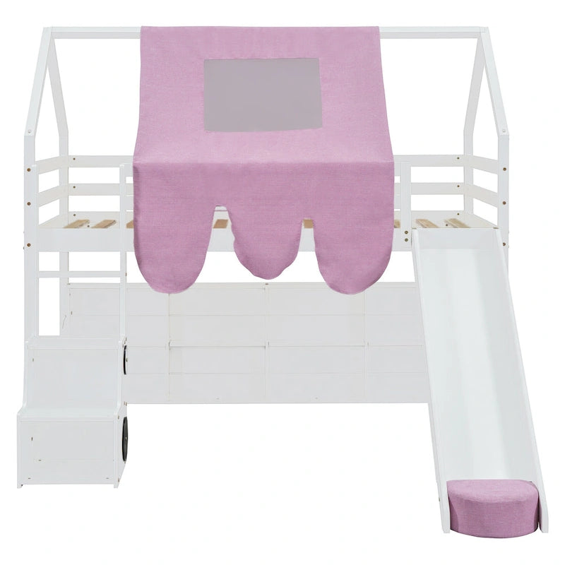 Lit mezzanine en bois, format jumeau, avec cadre en forme de maisonnette et tente