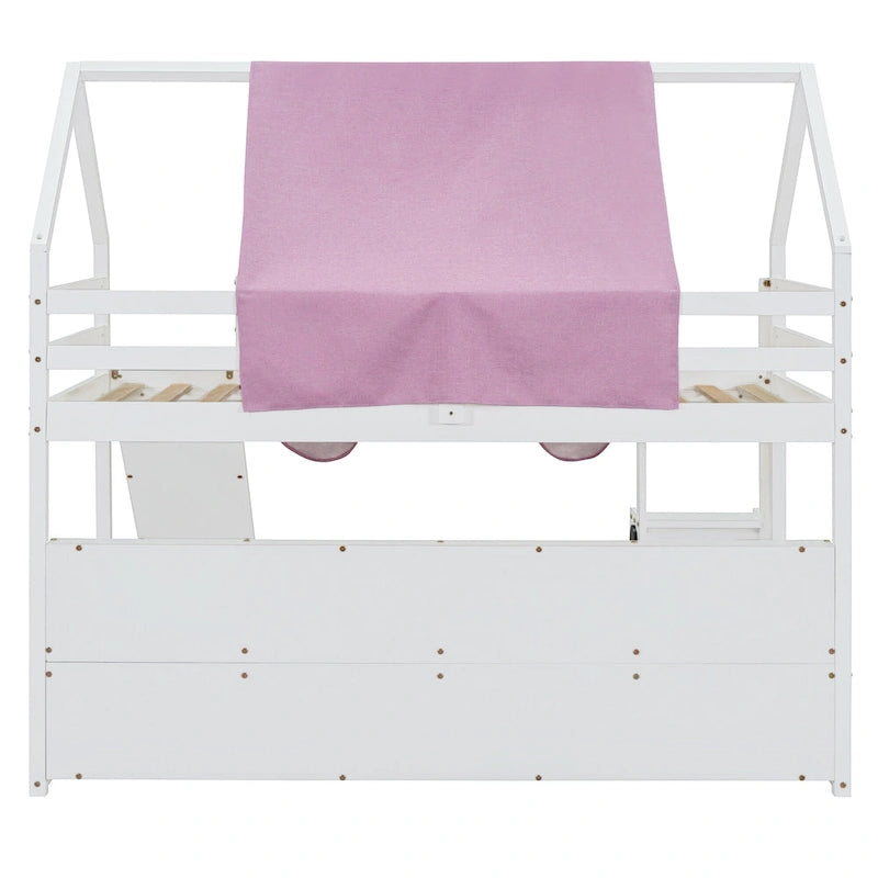 Lit mezzanine en bois, format jumeau, avec cadre en forme de maisonnette et tente