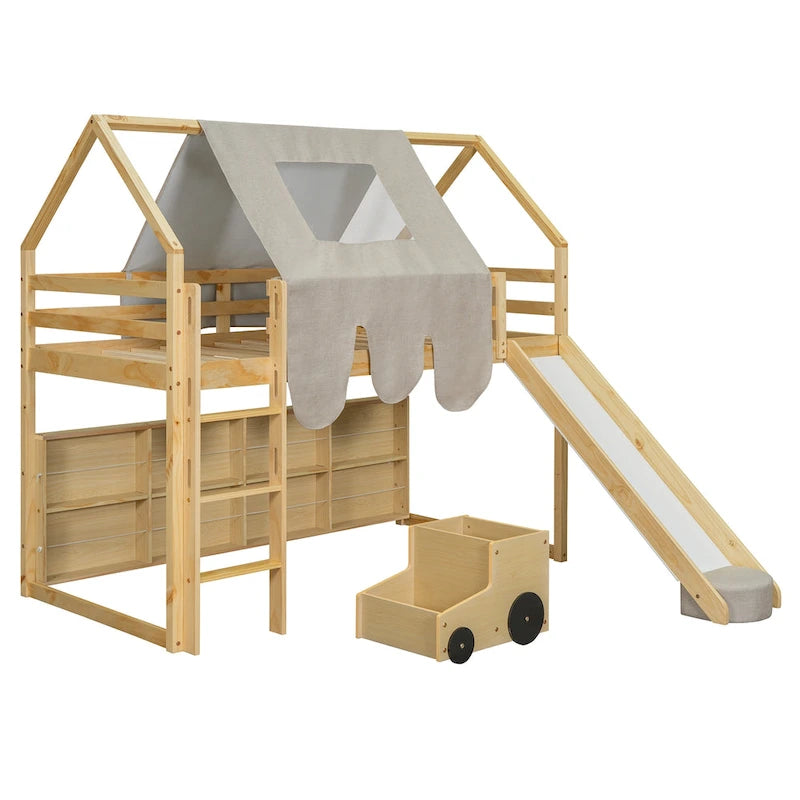 Lit mezzanine en bois, format jumeau, avec cadre en forme de maisonnette et tente