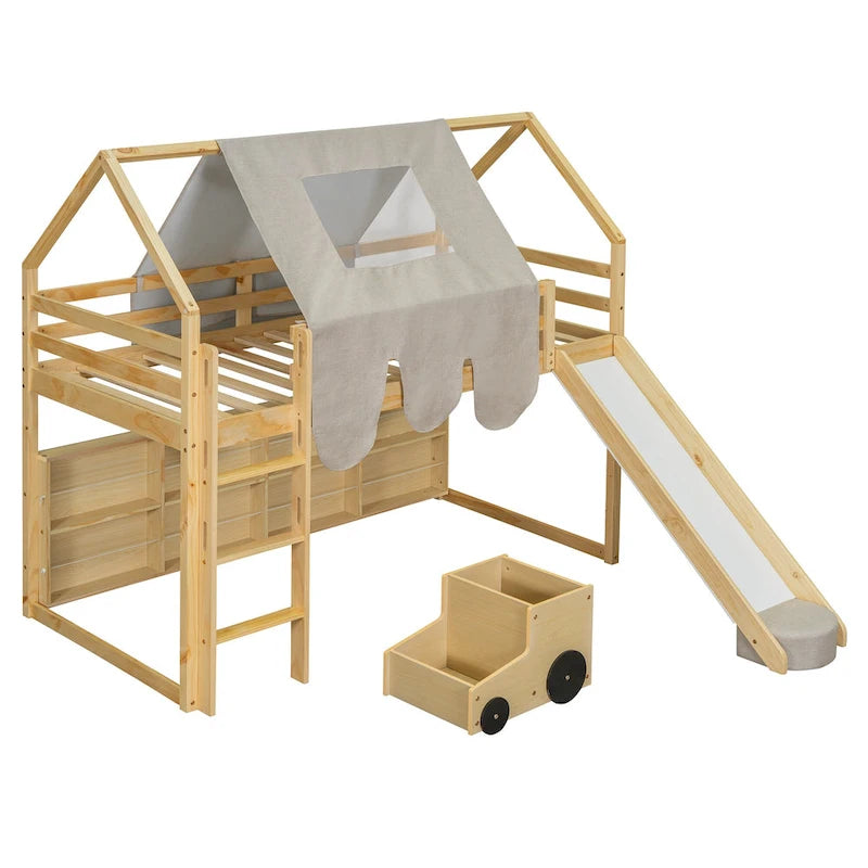 Lit mezzanine en bois, format jumeau, avec cadre en forme de maisonnette et tente