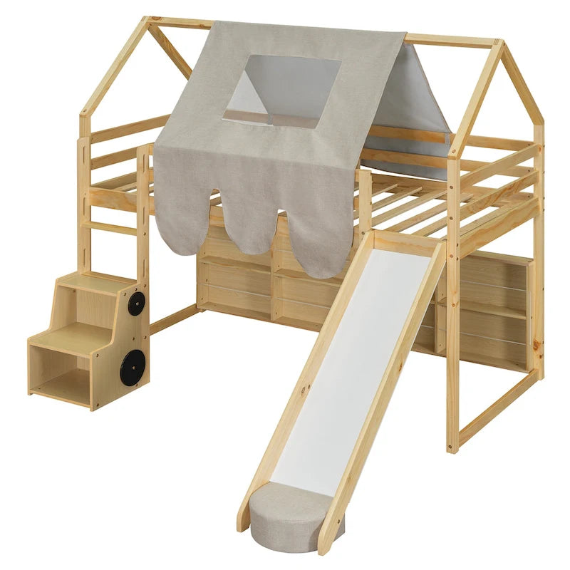 Lit mezzanine en bois, format jumeau, avec cadre en forme de maisonnette et tente