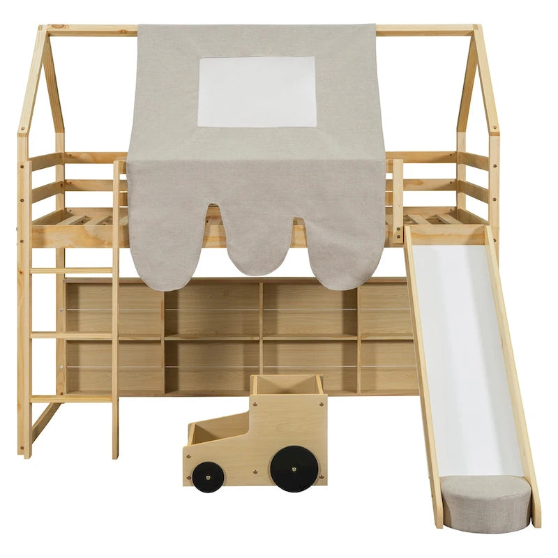 Lit mezzanine en bois, format jumeau, avec cadre en forme de maisonnette et tente