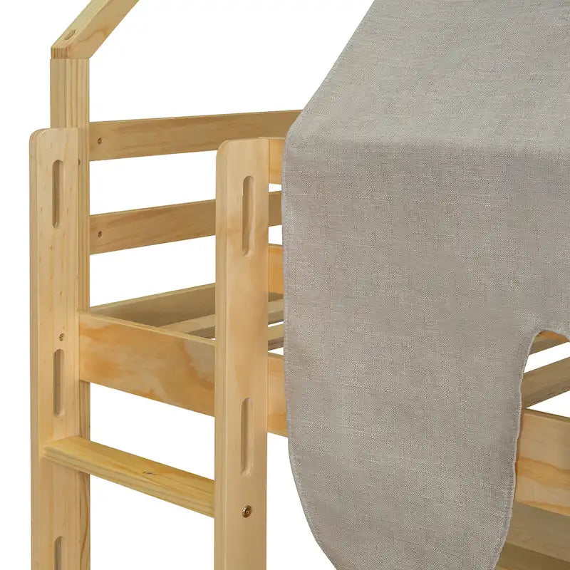 Lit mezzanine en bois, format jumeau, avec cadre en forme de maisonnette et tente
