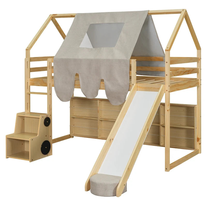 Lit mezzanine en bois, format jumeau, avec cadre en forme de maisonnette et tente