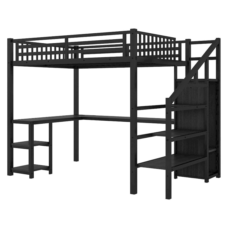 Full Loft Bed with Desk, Wardrobe, LED and USB