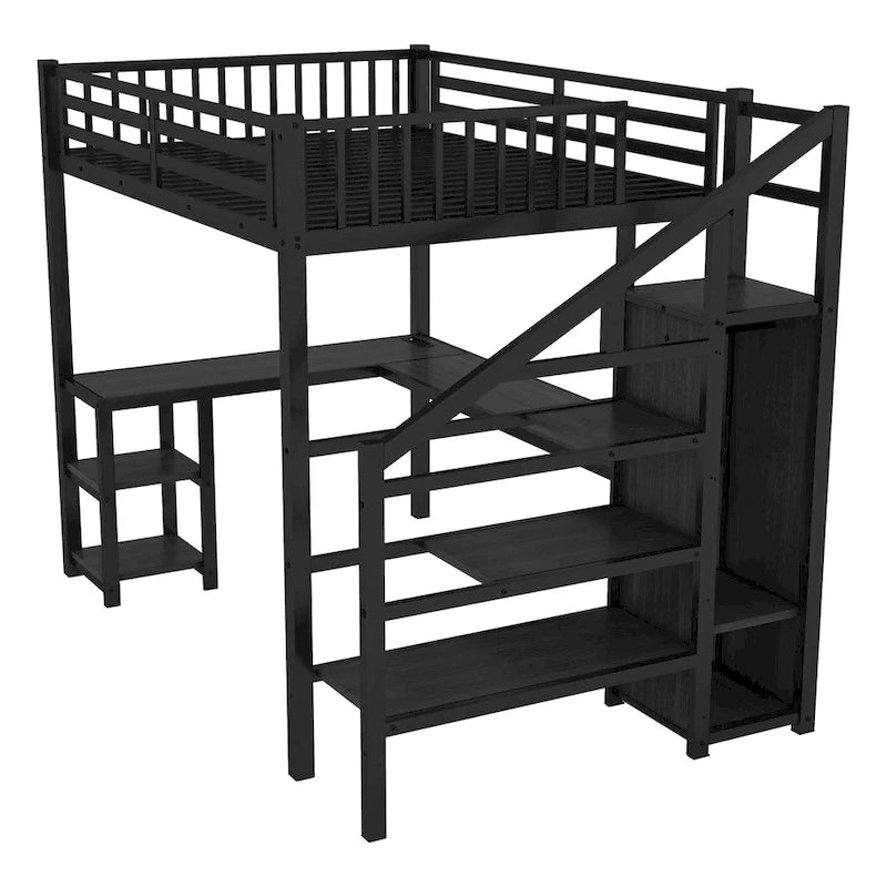 Full Loft Bed with Desk, Wardrobe, LED and USB
