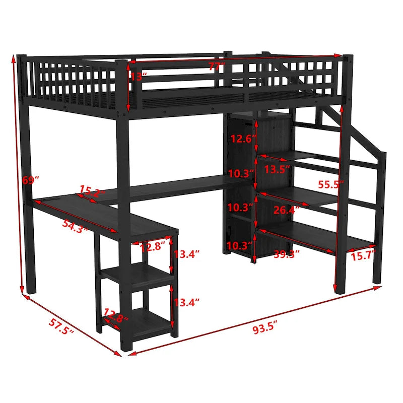 Full Loft Bed with Desk, Wardrobe, LED and USB