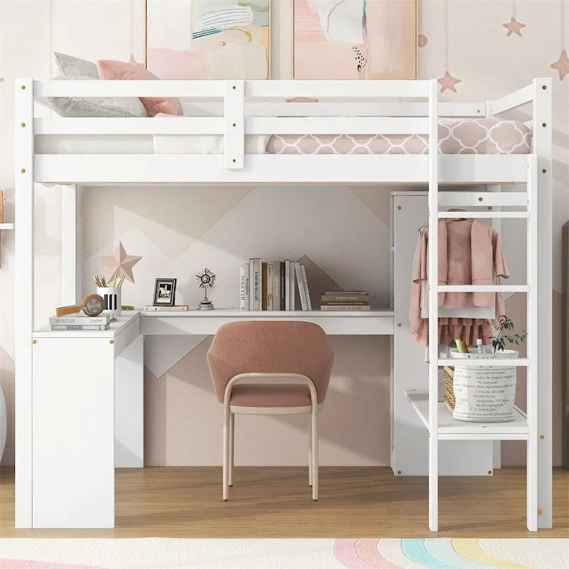 Lit mezzanine pleine taille avec bureau en L, armoire et étagères de rangement