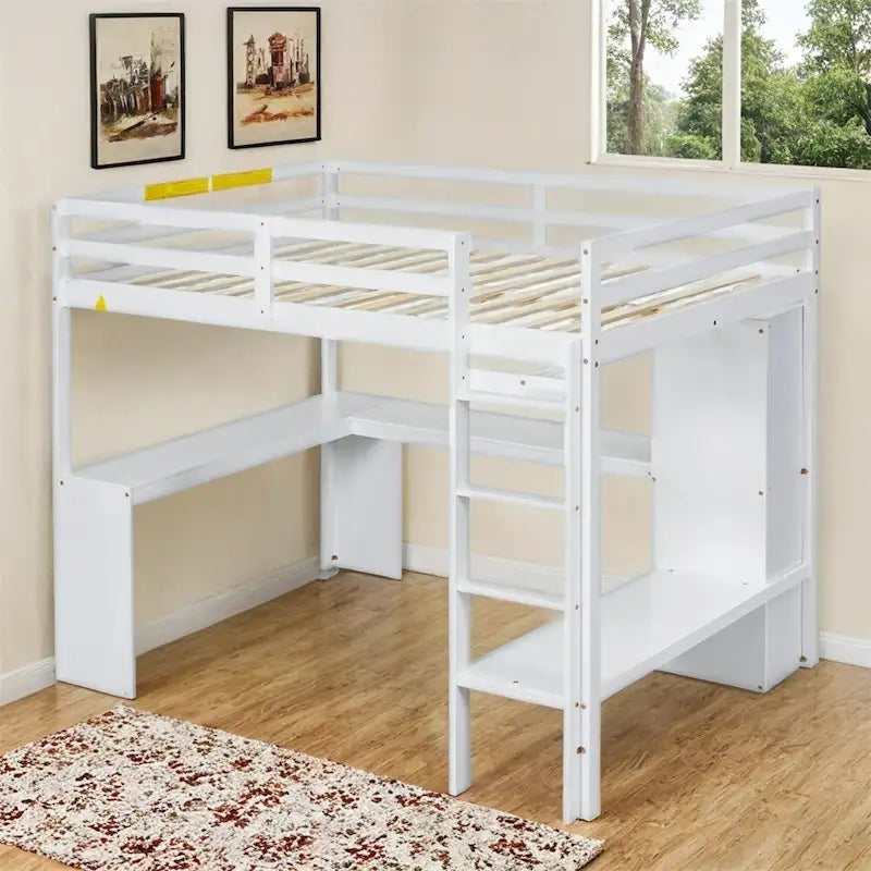 Lit mezzanine pleine taille avec bureau en L, armoire et étagères de rangement