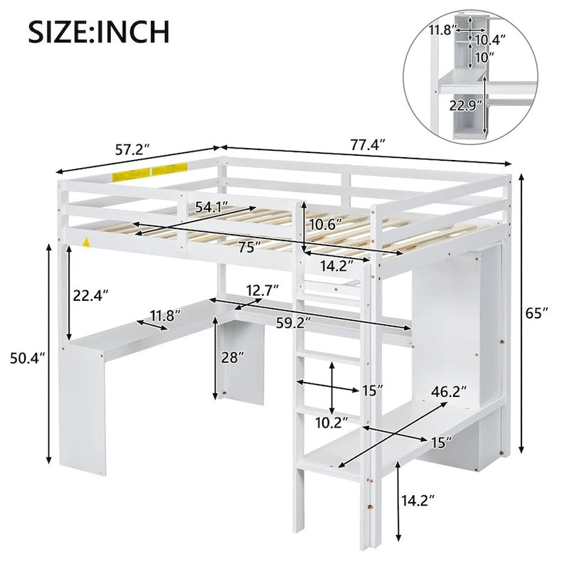 Lit mezzanine pleine taille avec bureau en L, armoire et étagères de rangement