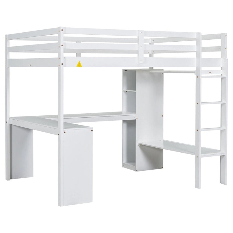 Lit mezzanine pleine taille avec bureau en L, armoire et étagères de rangement