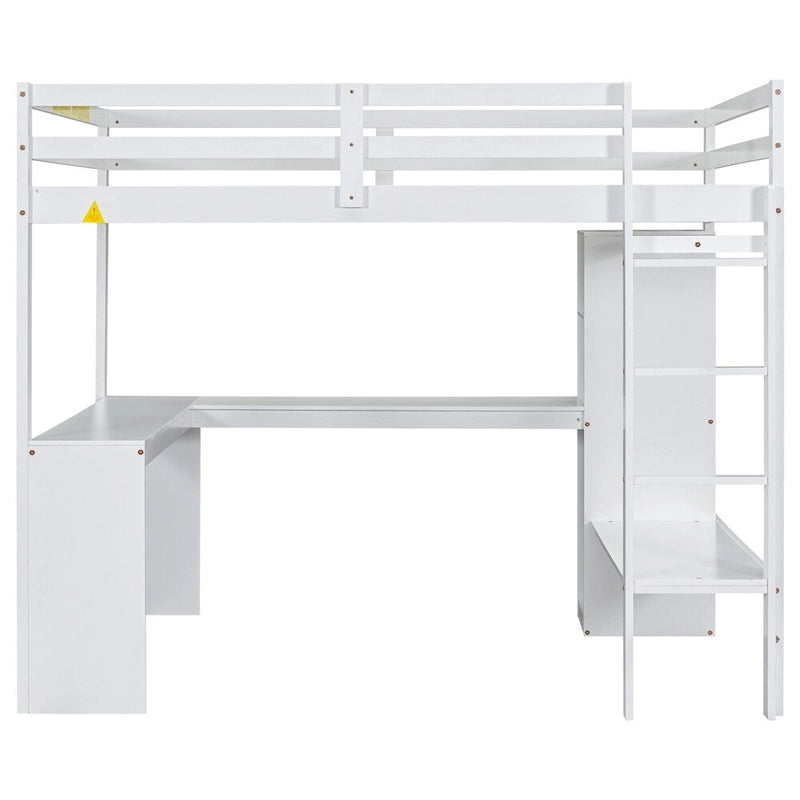 Lit mezzanine pleine taille avec bureau en L, armoire et étagères de rangement