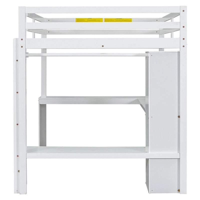 Lit mezzanine pleine taille avec bureau en L, armoire et étagères de rangement