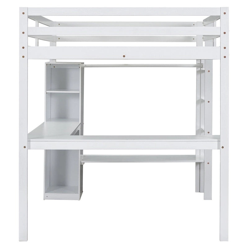 Lit mezzanine pleine taille avec bureau en L, armoire et étagères de rangement
