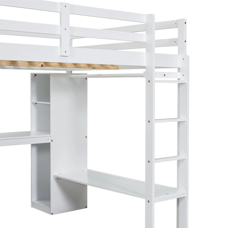Lit mezzanine pleine taille avec bureau en L, armoire et étagères de rangement