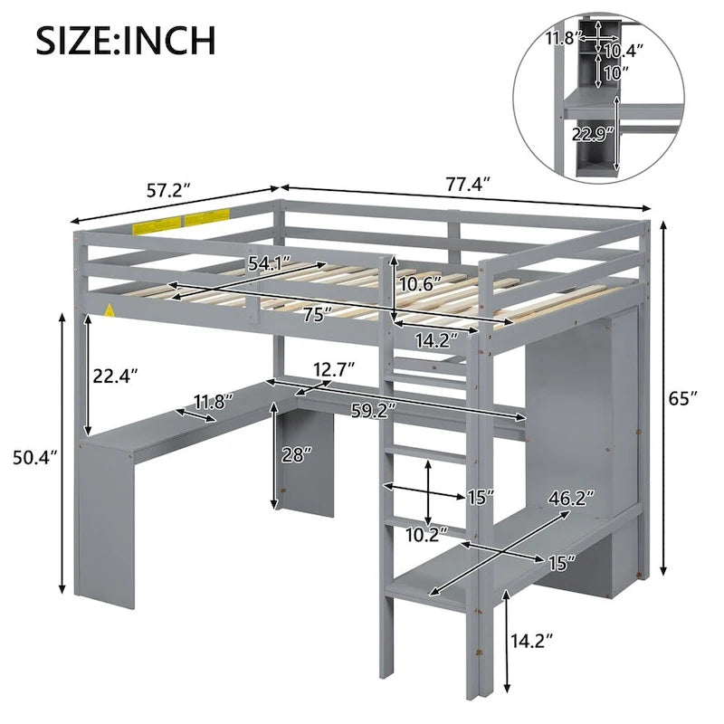 Lit mezzanine pleine taille avec bureau en L, armoire et étagères de rangement