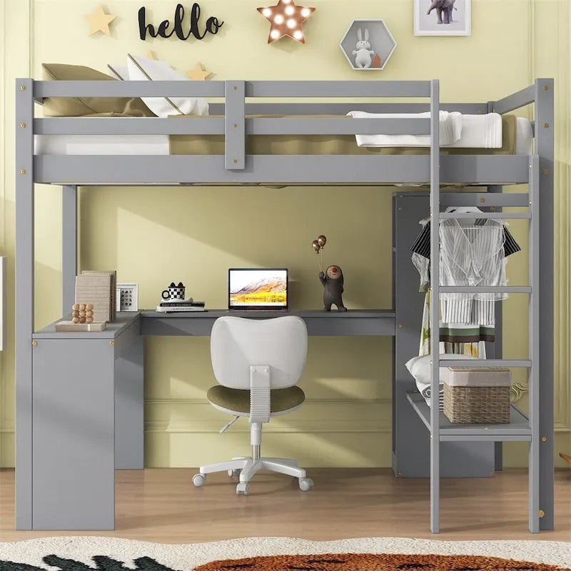 Lit mezzanine pleine taille avec bureau en L, armoire et étagères de rangement