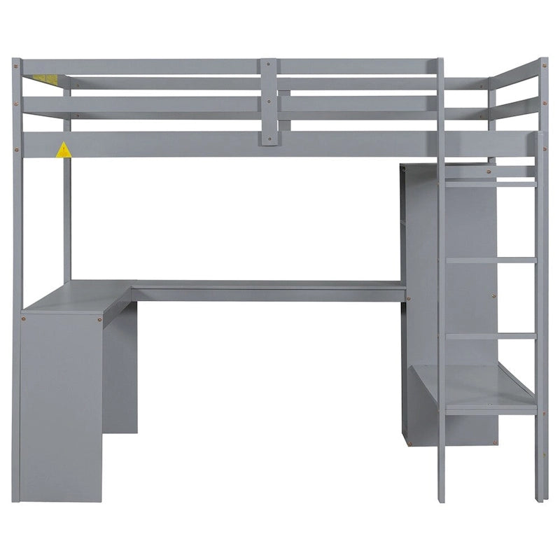 Lit mezzanine pleine taille avec bureau en L, armoire et étagères de rangement