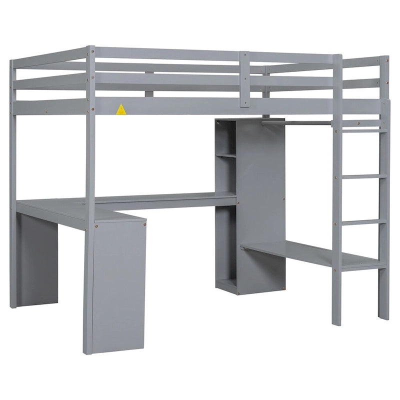 Lit mezzanine pleine taille avec bureau en L, armoire et étagères de rangement