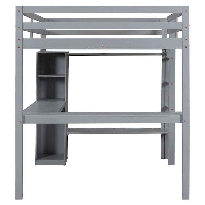 Lit mezzanine pleine taille avec bureau en L, armoire et étagères de rangement
