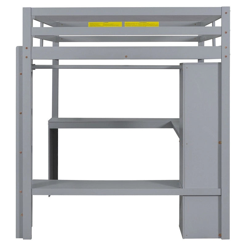 Lit mezzanine pleine taille avec bureau en L, armoire et étagères de rangement