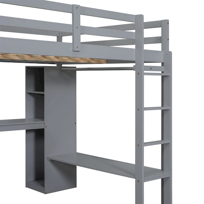 Lit mezzanine pleine taille avec bureau en L, armoire et étagères de rangement