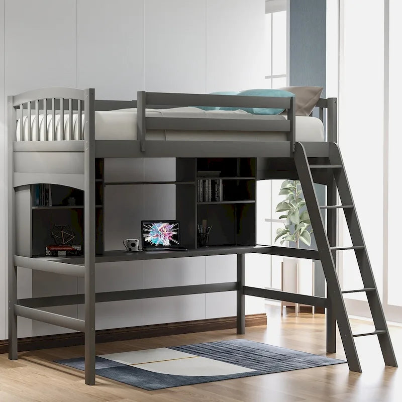 Lit mezzanine double avec étagères de rangement