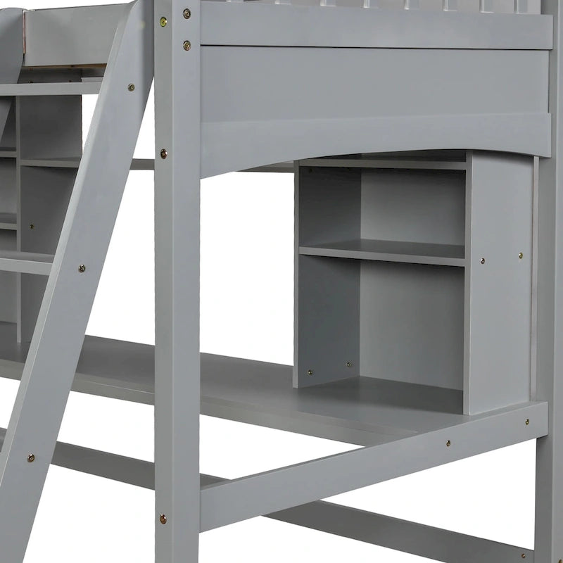 Lit mezzanine double avec étagères de rangement