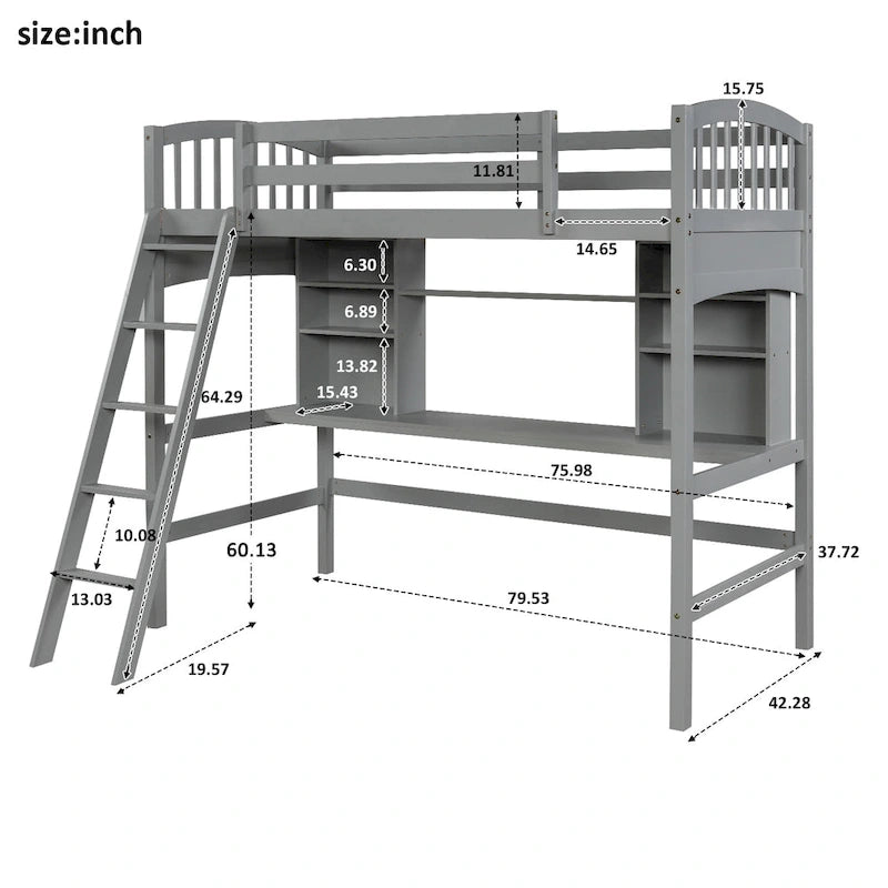 Lit mezzanine double avec étagères de rangement