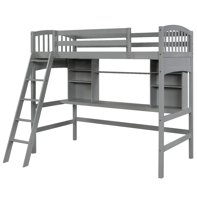 Lit mezzanine double avec étagères de rangement