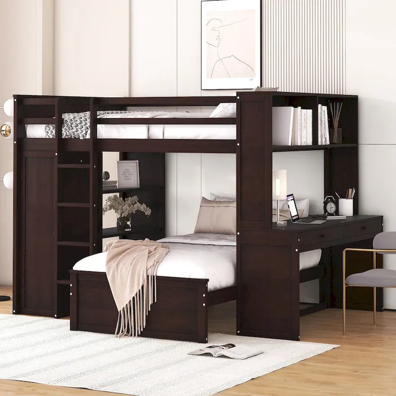Lit mezzanine double avec lit simple indépendant, bureau et armoire